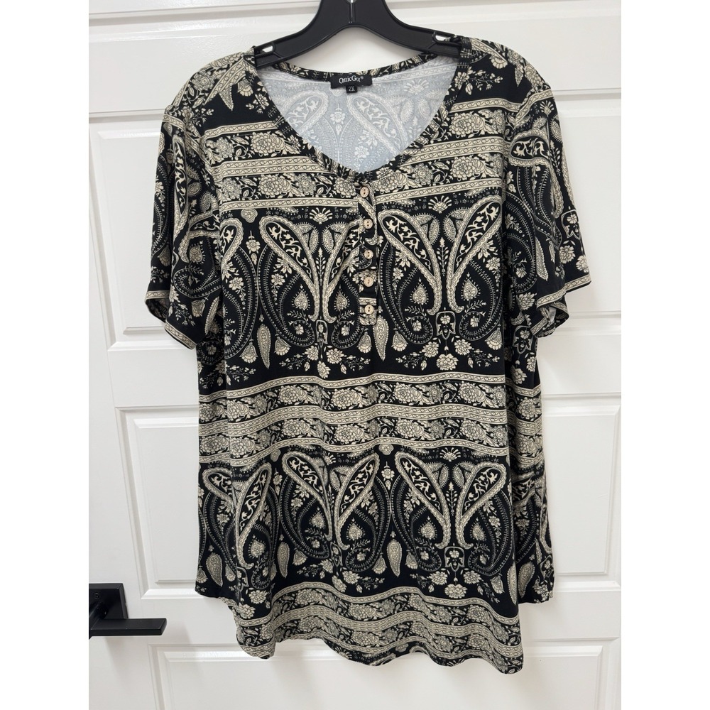 OmicGot Womens 2X Blouse Top Pullover Tan Black Paisley Henley Short Sleeve A12